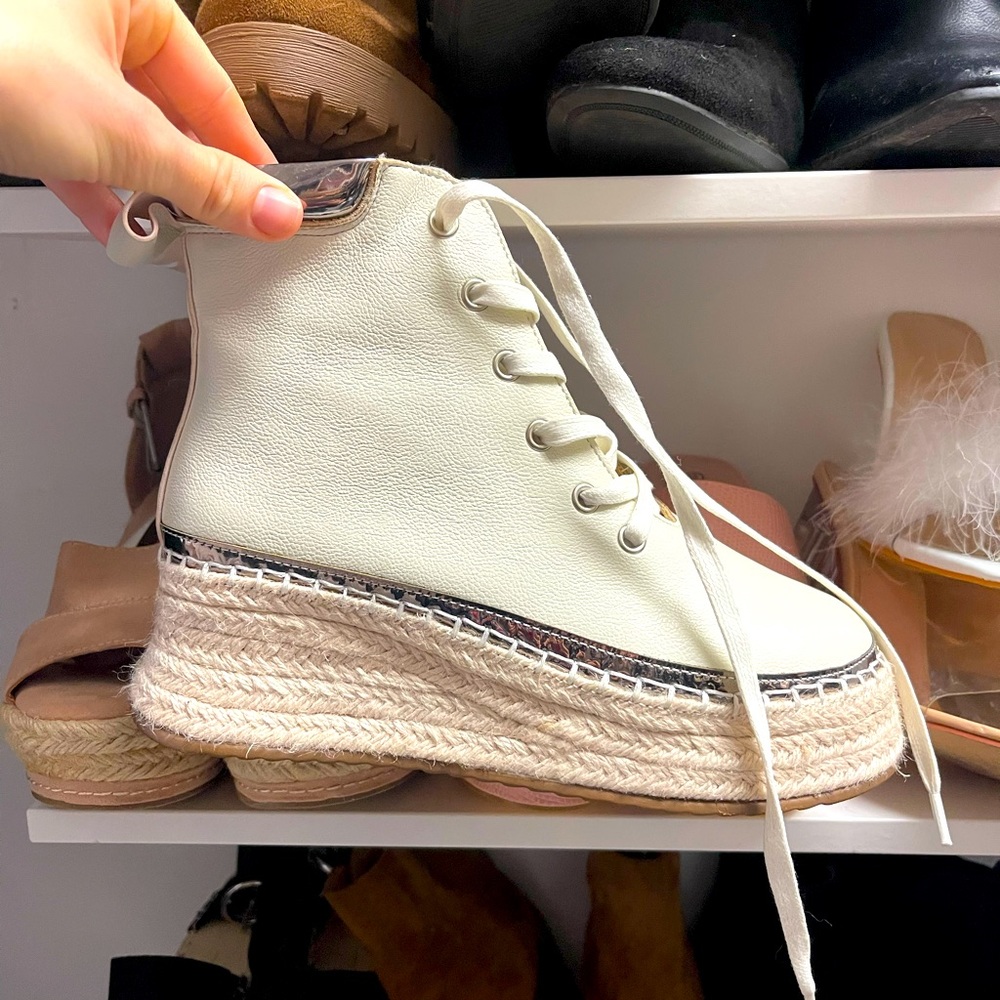 Lace up wedge heel boot in ivory grayish WORN Once - LIKE NEW.